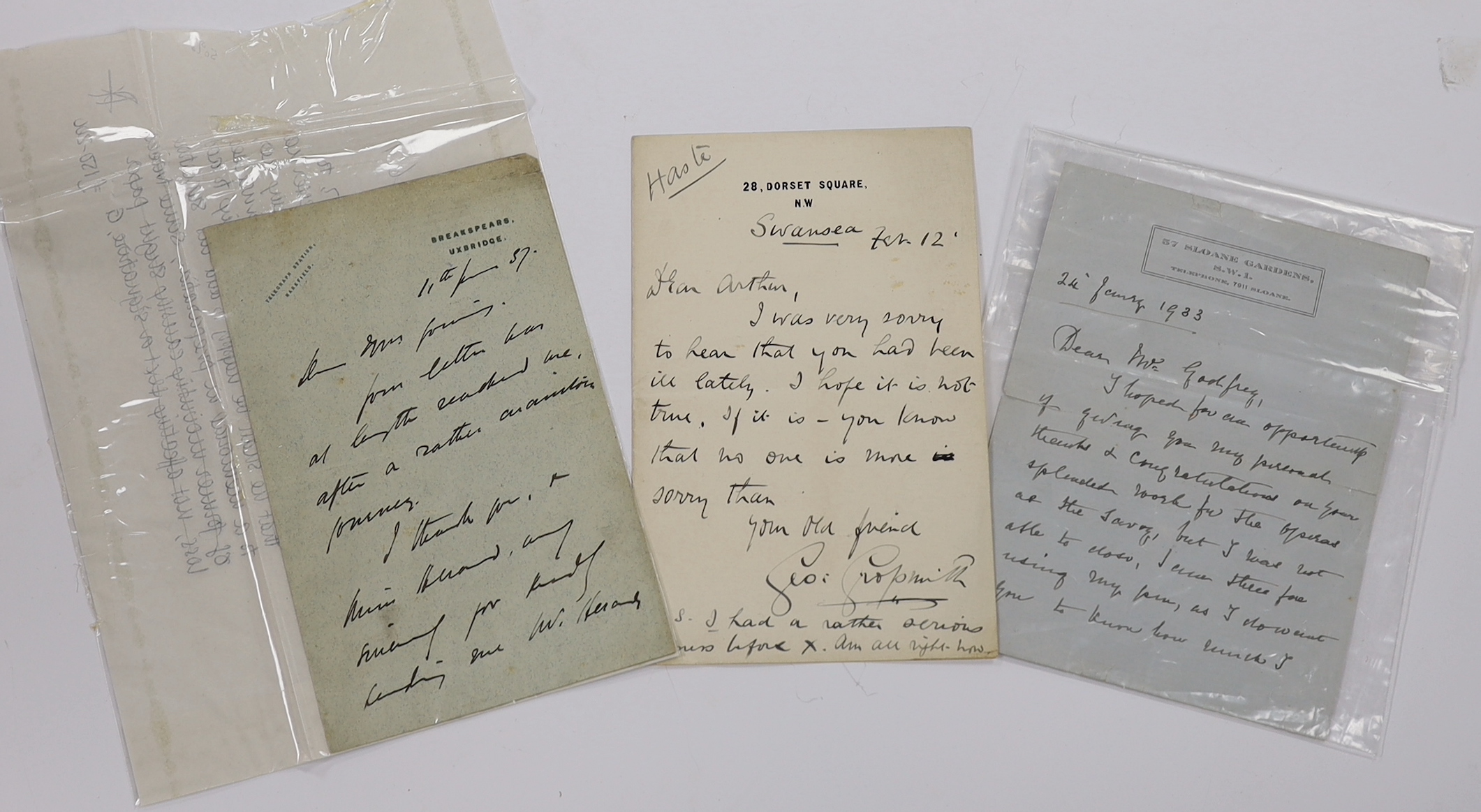 Three late 19th century Gilbert and Sullivan related letters; including a letter written by W.S. Gilbert dated 11th June ‘87, a letter from Lucy Gilbert dated 24th Jan 1933, and a letter to Sir Arthur Sullivan from Georg